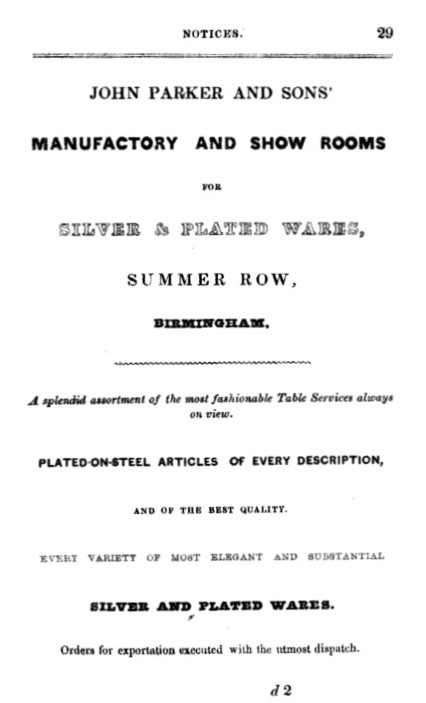 Advert for John Parker and Sons, Summer Row